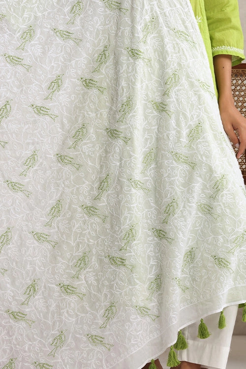 Shwet Hand Embroidered Chikankari White & Green Mulmul Dupatta