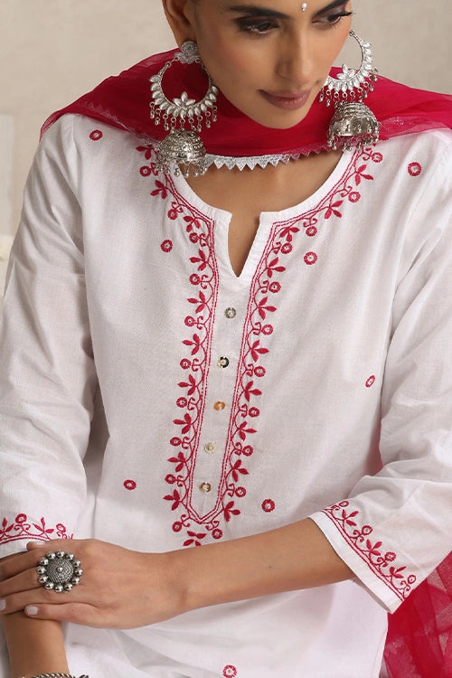 Shwet Hand Embroidered Chikankari Cotton Mukaish Embellished White & Magenta Kurta, Garara & Dupatta Set