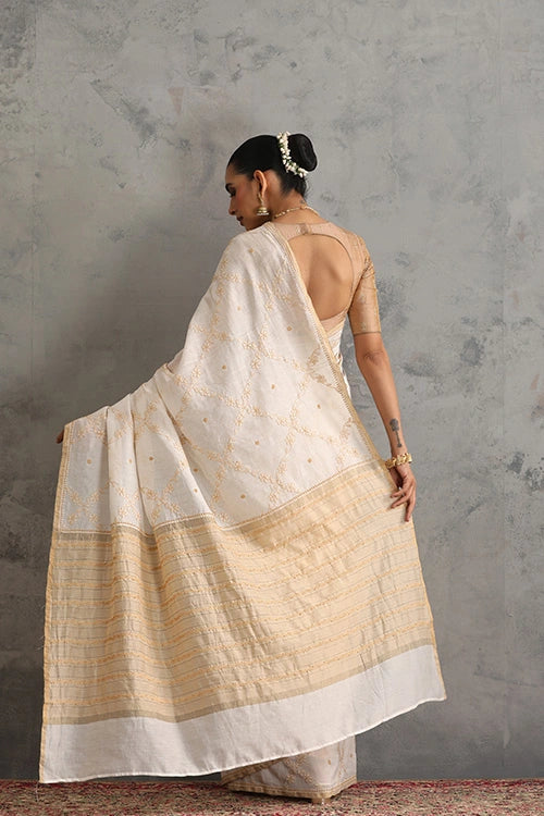 Shwet Women Hand Embroidered Chikankari Off-White Chanderi Saree