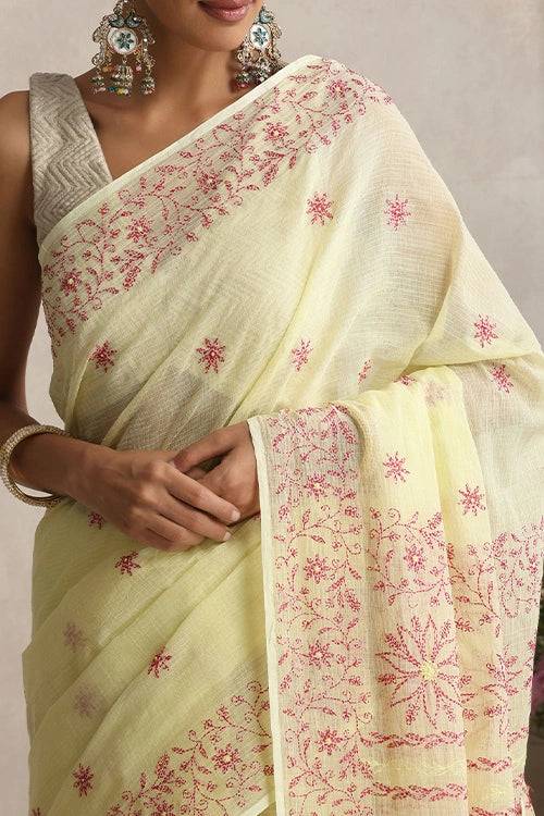 Shwet "Pastel Hues"  Yellow  Chikankari Kota Cotton Silk Saree