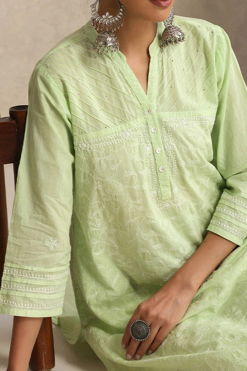 Shwet Hand Embroidered Chikankari Cotton Green Pintex Kurta