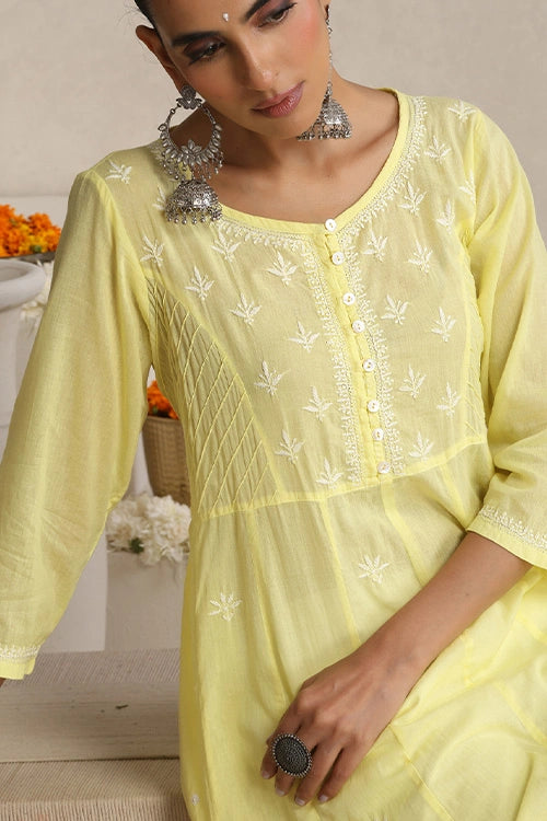 Shwet Hand Embroidered Chikankari Cotton Yellow Pintex Kali Kurta
