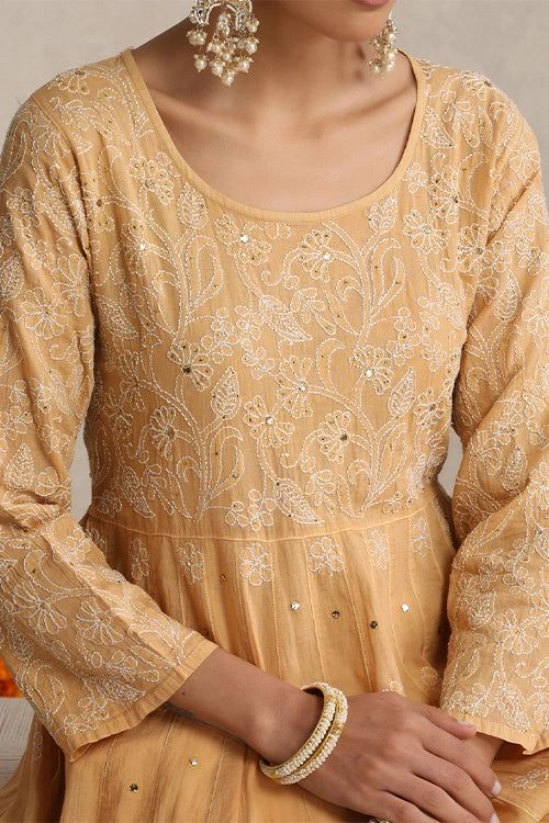 Shwet Hand Embroidered Chikankari Cotton Mukaish Embellished Beige Kali Kurta