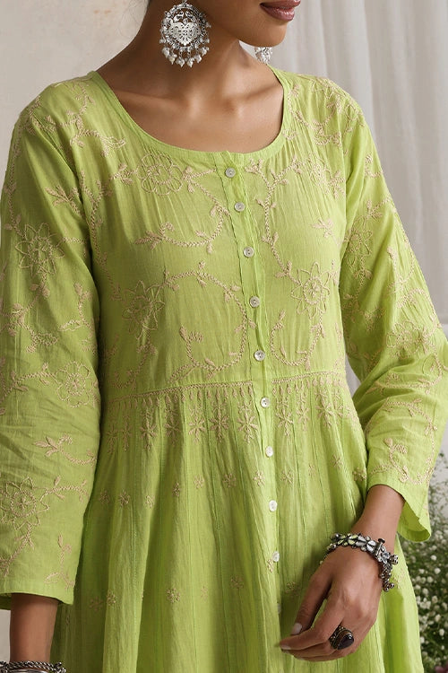 Shwet Hand Embroidered Chikankari Cotton Green Kali Kurta
