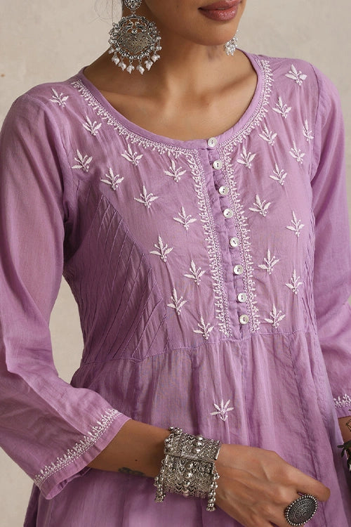 Shwet Hand Embroidered Chikankari Cotton Mauve Pintex Kali Kurta
