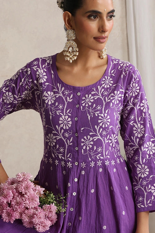 Shwet Hand Embroidered Chikankari Cotton Purple Kali Kurta