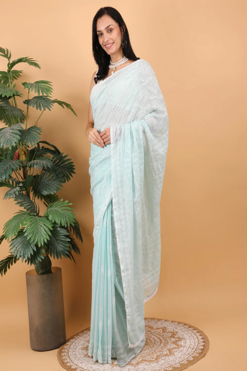 Shwet Women Hand Embroidered Sea Blue Kota Cotton Chikankari Saree