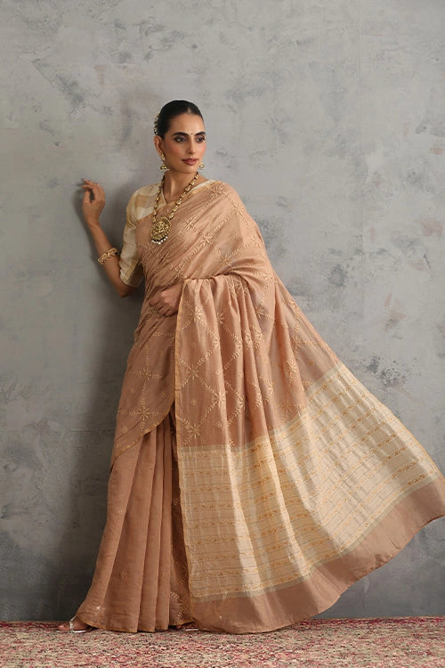 Shwet Women Hand Embroidered Chikankari Beige Chanderi Saree