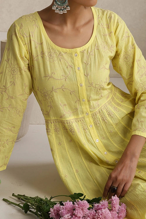 Shwet Hand Embroidered Chikankari Cotton Yellow Kali Kurta
