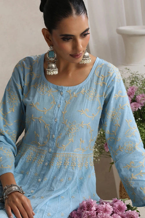Shwet Hand Embroidered Chikankari Blue Cotton Kali Kurta