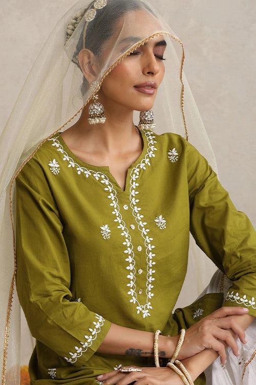 Shwet Hand Embroidered Chikankari Cotton Mukaish Embellished Green & White Kurta, Garara & Dupatta Set