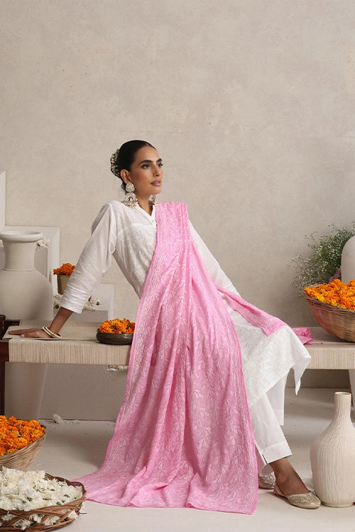 Shwet "Pestal Hues" Pink Chikankari Cotton  Dupatta