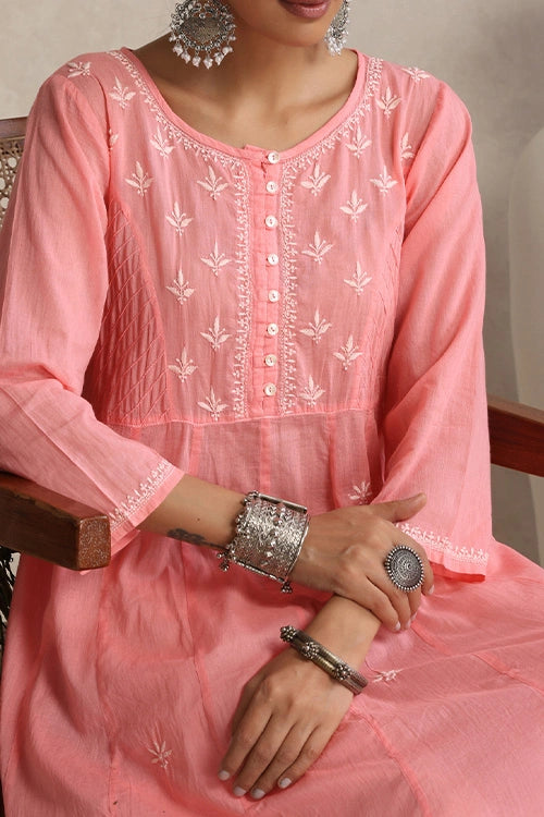Shwet Hand Embroidered Chikankari Cotton Pink Pintex Kali Kurta
