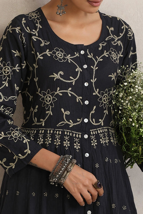 Shwet Hand Embroidered Chikankari Cotton Black Kali Kurta