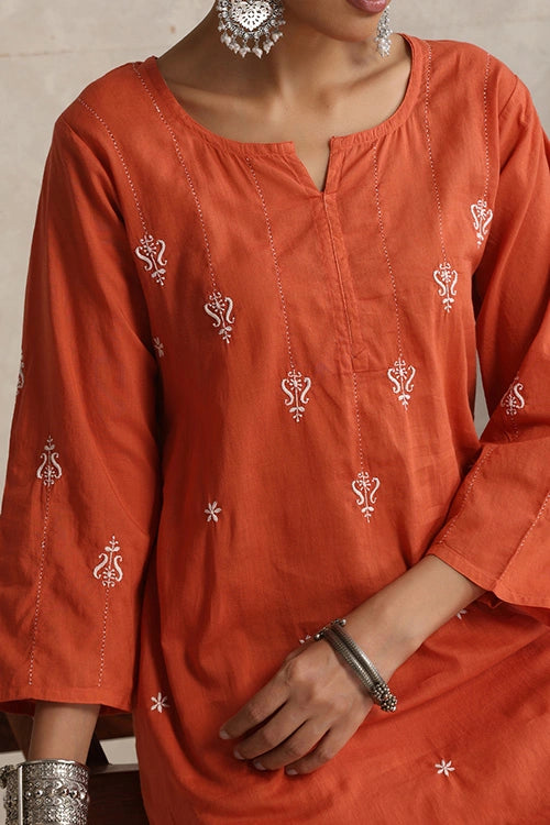 Shwet Hand Embroidered Chikankari Cotton Rust Kurta Pant Set