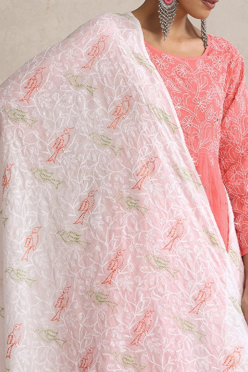 Shwet Hand Embroidered Chikankari White, Green & Orange Mulmul Dupatta