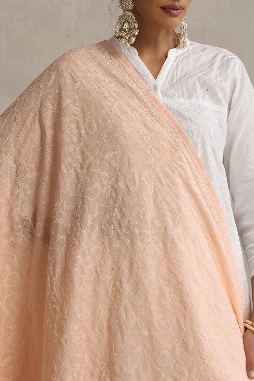 Shwet "Pastle Hues" Peach Cotton Chikankari Dupatta