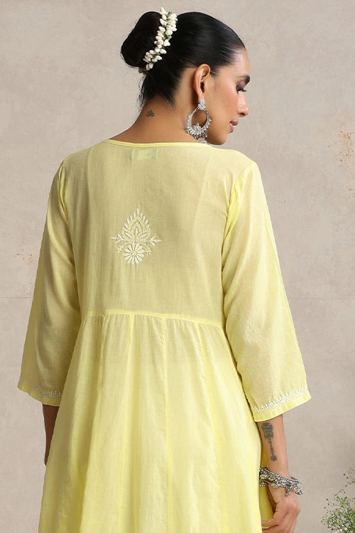 Shwet Hand Embroidered Chikankari Cotton Yellow Pintex Kali Kurta