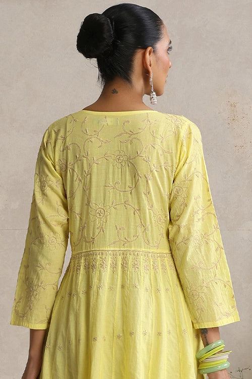 Shwet Hand Embroidered Chikankari Cotton Yellow Kali Kurta