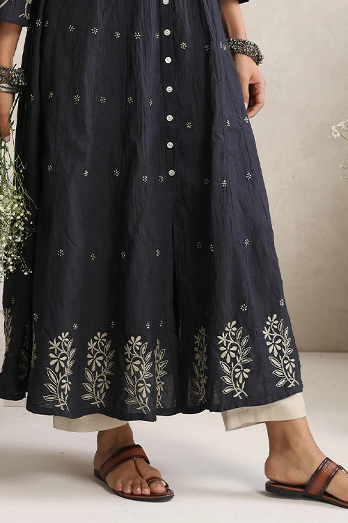 Shwet Hand Embroidered Chikankari Cotton Black Kali Kurta