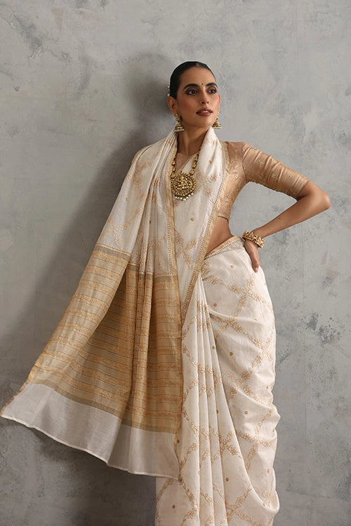 Shwet Women Hand Embroidered Chikankari Off-White Chanderi Saree