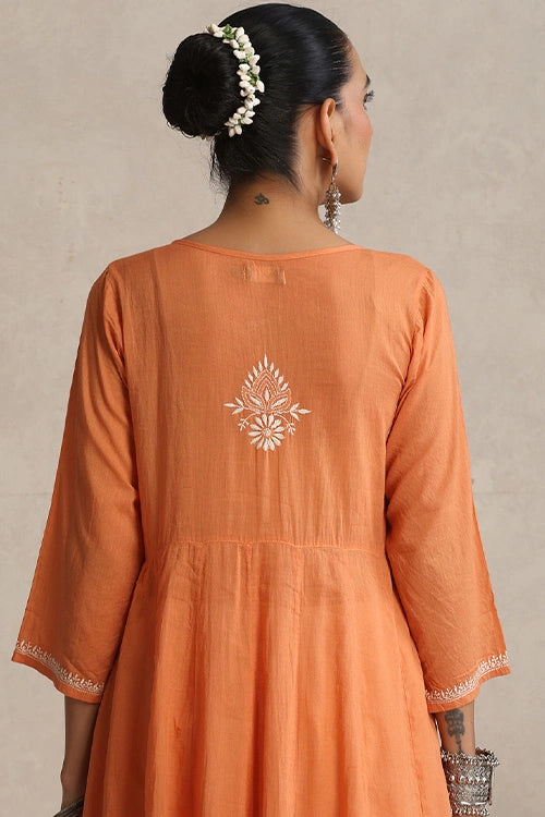 Shwet Hand Embroidered Chikankari Cotton Burnt Orange Pintex Kali Kurta