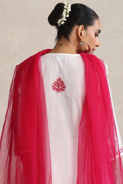 Shwet Hand Embroidered Chikankari Cotton Mukaish Embellished White & Magenta Kurta, Garara & Dupatta Set