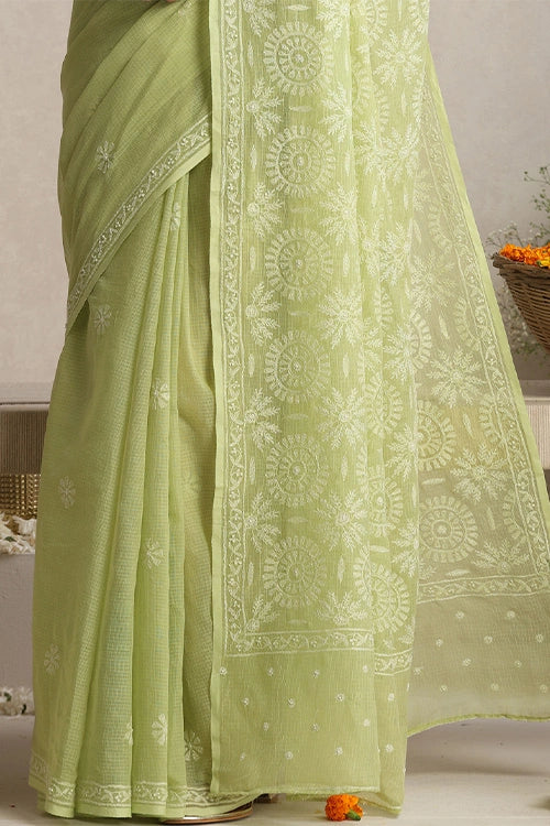 Shwet Women Hand Embroidered Light Green Kota Cotton Silk Chikankari Saree