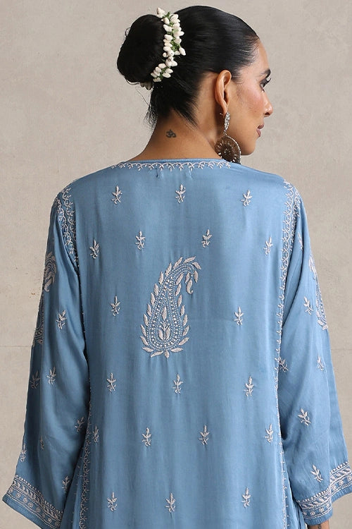 Shwet Hand Embroidered Chikankari Blue Modal Satin Kurta