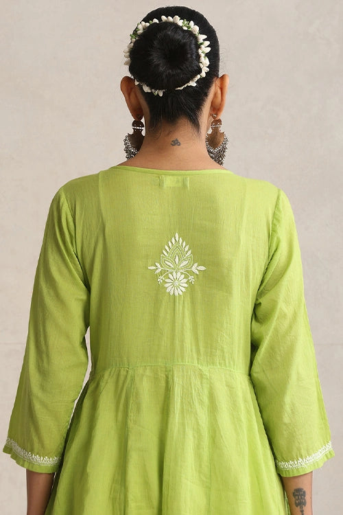 Shwet Hand Embroidered Chikankari Cotton Green Pintex Kali Kurta
