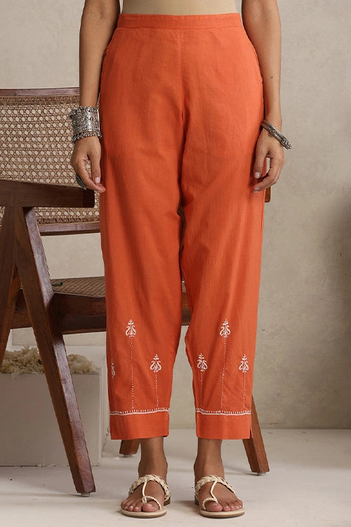 Shwet Hand Embroidered Chikankari Cotton Rust Kurta Pant Set
