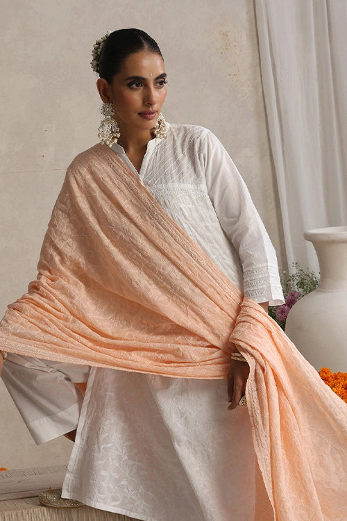 Shwet "Pastle Hues" Peach Cotton Chikankari Dupatta