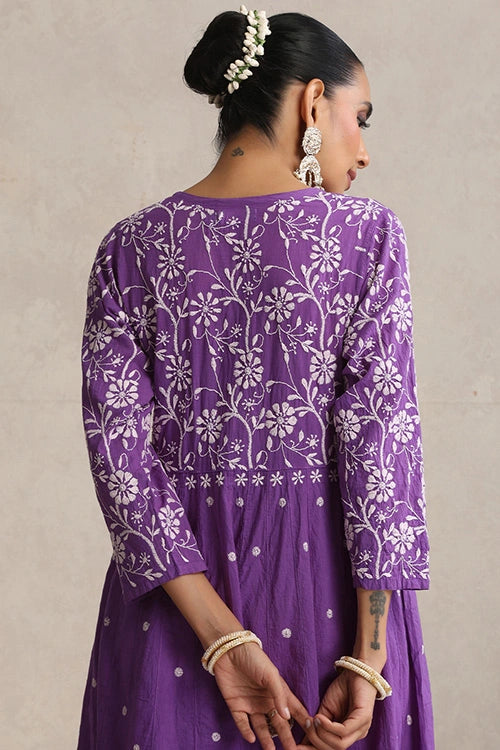 Shwet Hand Embroidered Chikankari Cotton Purple Kali Kurta