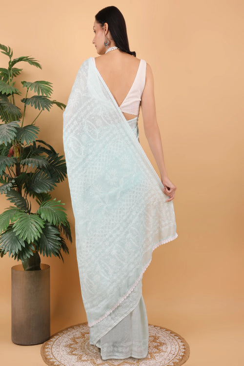 Shwet Women Hand Embroidered Sea Blue Kota Cotton Chikankari Saree