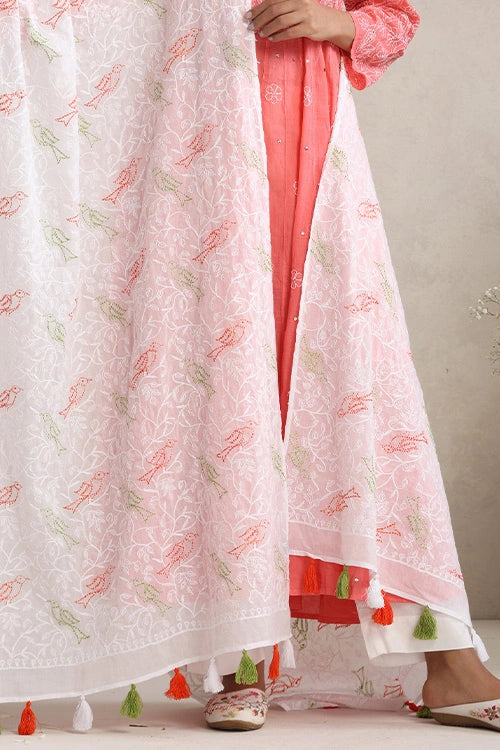 Shwet Hand Embroidered Chikankari White, Green & Orange Mulmul Dupatta