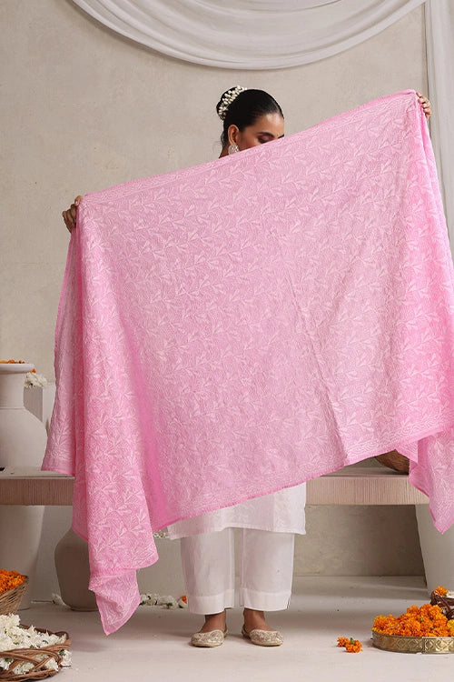 Shwet "Pestal Hues" Pink Chikankari Cotton  Dupatta