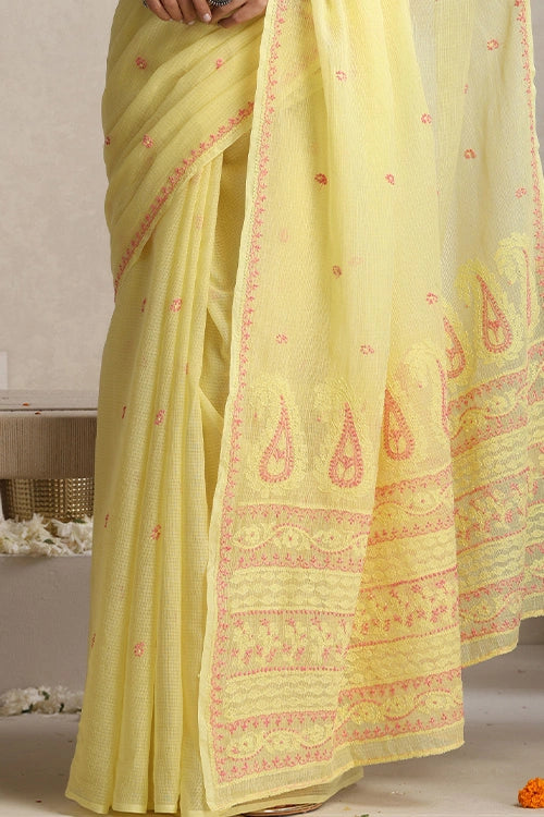 Shwet "Pastle Hues" Yellow Chikankari Kota Cotton Silk Saree 