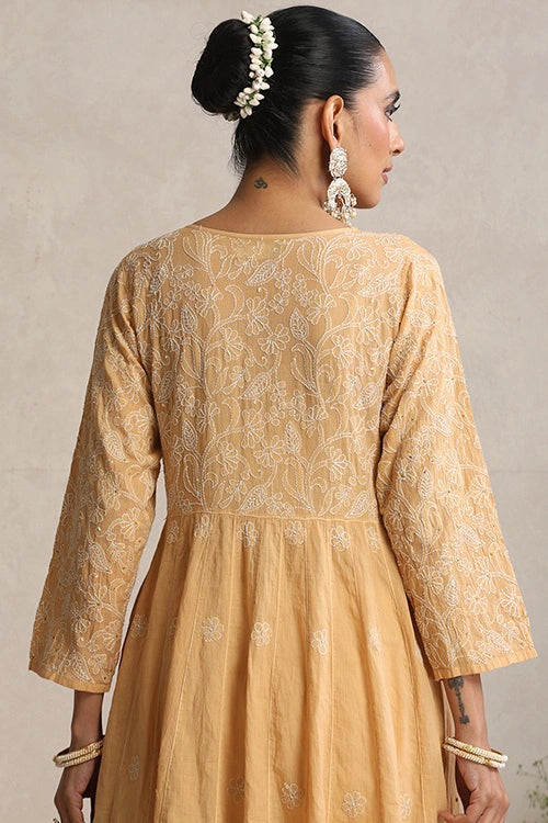 Shwet Hand Embroidered Chikankari Cotton Mukaish Embellished Beige Kali Kurta