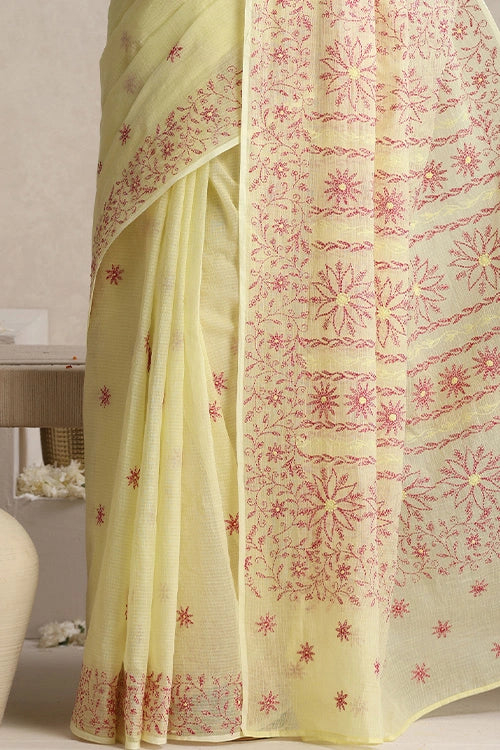 Shwet "Pastel Hues"  Yellow  Chikankari Kota Cotton Silk Saree