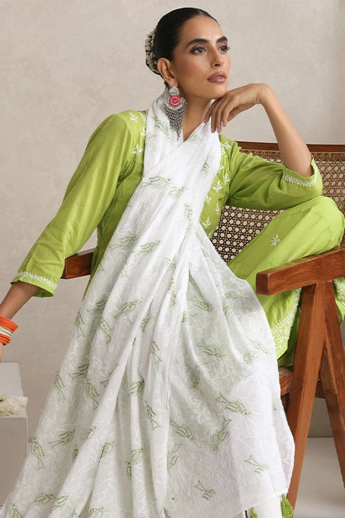 Shwet Hand Embroidered Chikankari White & Green Mulmul Dupatta