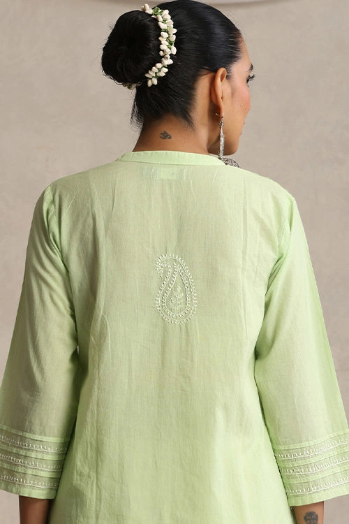 Shwet Hand Embroidered Chikankari Cotton Green Pintex Kurta