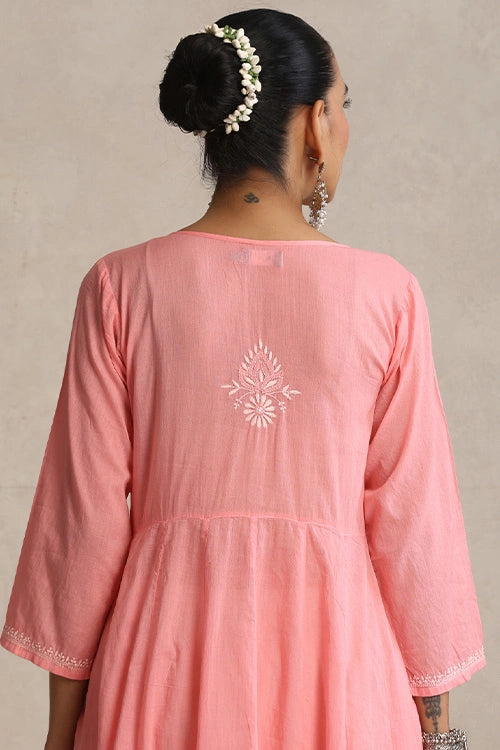 Shwet Hand Embroidered Chikankari Cotton Pink Pintex Kali Kurta