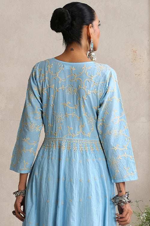 Shwet Hand Embroidered Chikankari Blue Cotton Kali Kurta