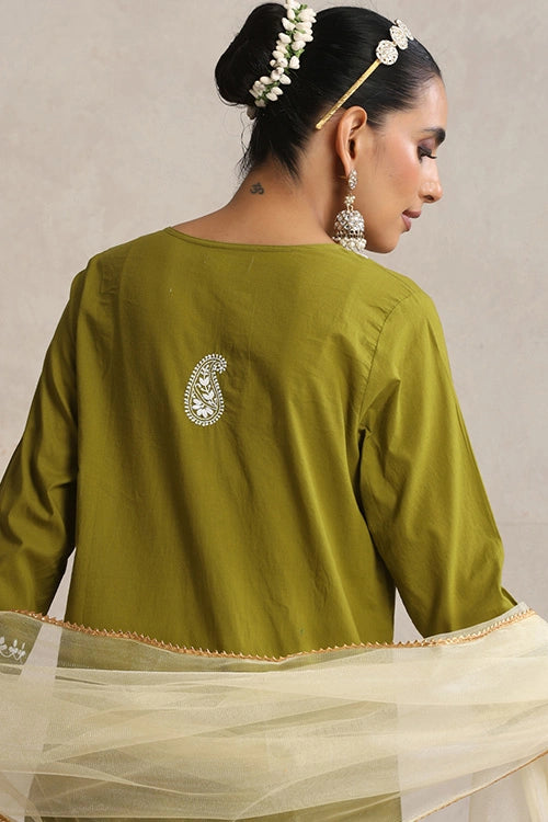 Shwet Hand Embroidered Chikankari Cotton Mukaish Embellished Green & White Kurta, Garara & Dupatta Set