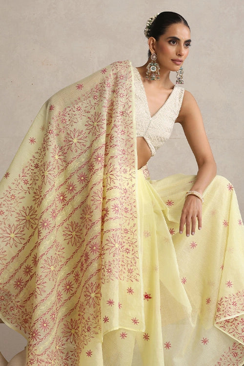 Shwet "Pastel Hues"  Yellow  Chikankari Kota Cotton Silk Saree