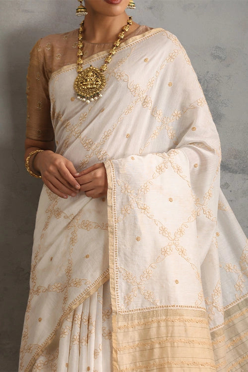 Shwet Women Hand Embroidered Chikankari Off-White Chanderi Saree