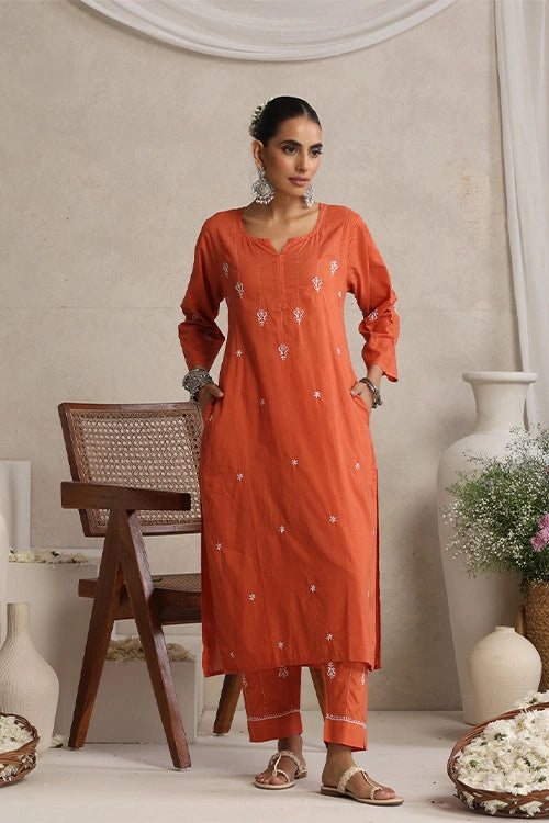 Shwet Hand Embroidered Chikankari Cotton Rust Kurta Pant Set