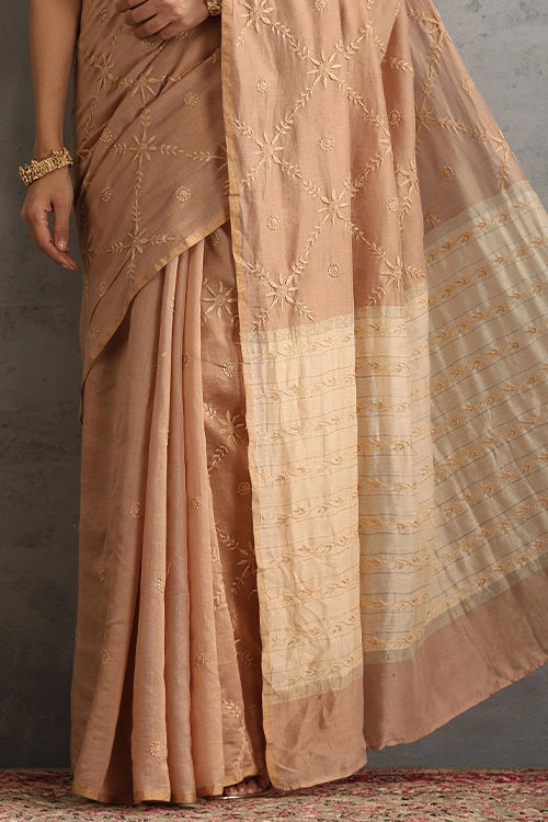 Shwet Women Hand Embroidered Chikankari Beige Chanderi Saree