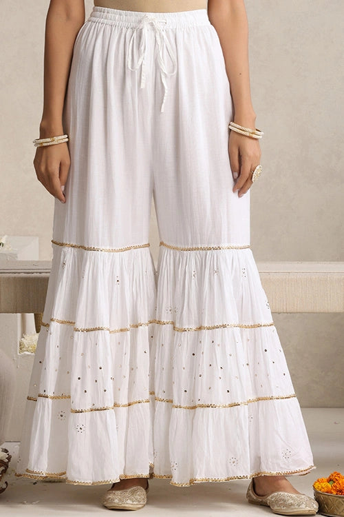Shwet Hand Embroidered Chikankari Cotton Mukaish Embellished Green & White Kurta, Garara & Dupatta Set