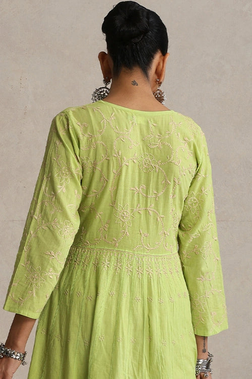 Shwet Hand Embroidered Chikankari Cotton Green Kali Kurta